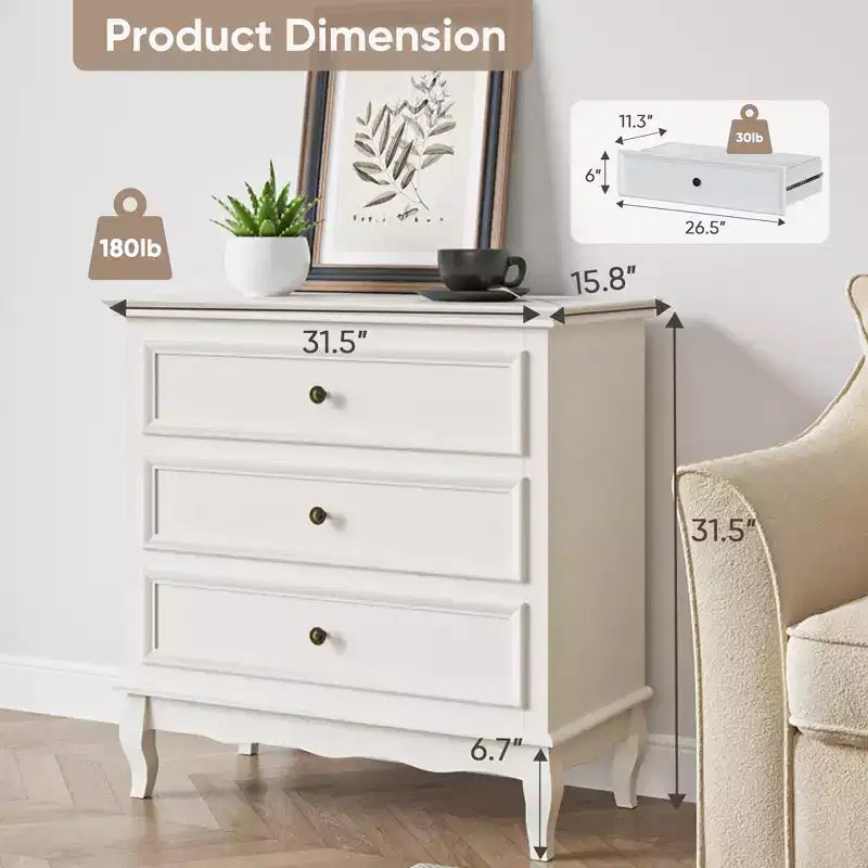Commode de chambre, commode moderne à 3 tiroirs avec pieds en bois massif