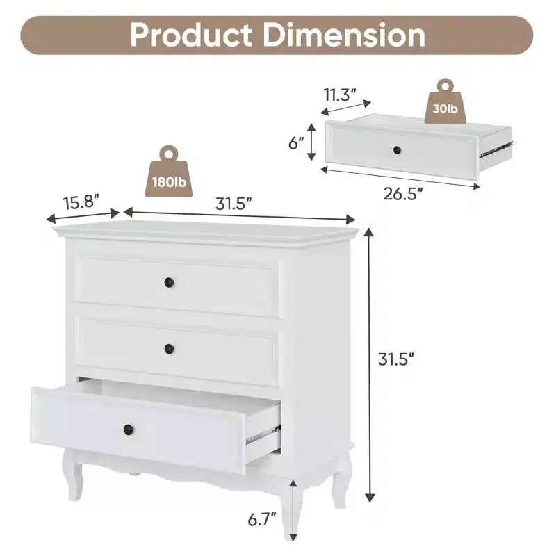 Commode de chambre, commode moderne à 3 tiroirs avec pieds en bois massif