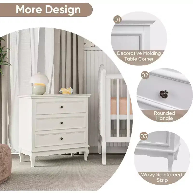 Commode de chambre, commode moderne à 3 tiroirs avec pieds en bois massif