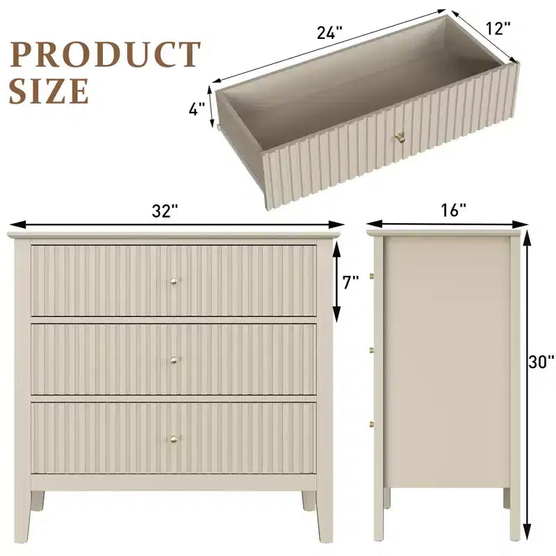 Commode cannelée à 3 tiroirs avec glissières à roulement à billes, table de chevet moderne