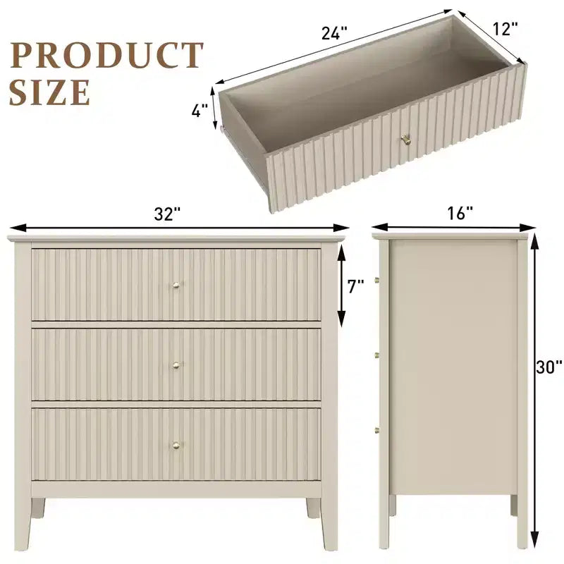 Commode cannelée à 3 tiroirs avec glissières à roulement à billes, table de chevet moderne