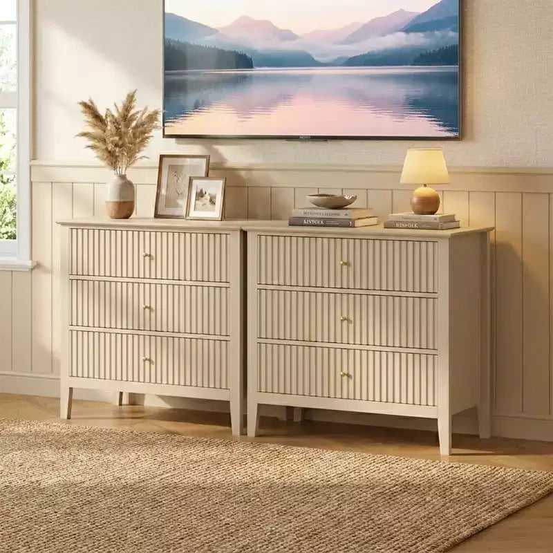 Commode cannelée à 3 tiroirs avec glissières à roulement à billes, table de chevet moderne