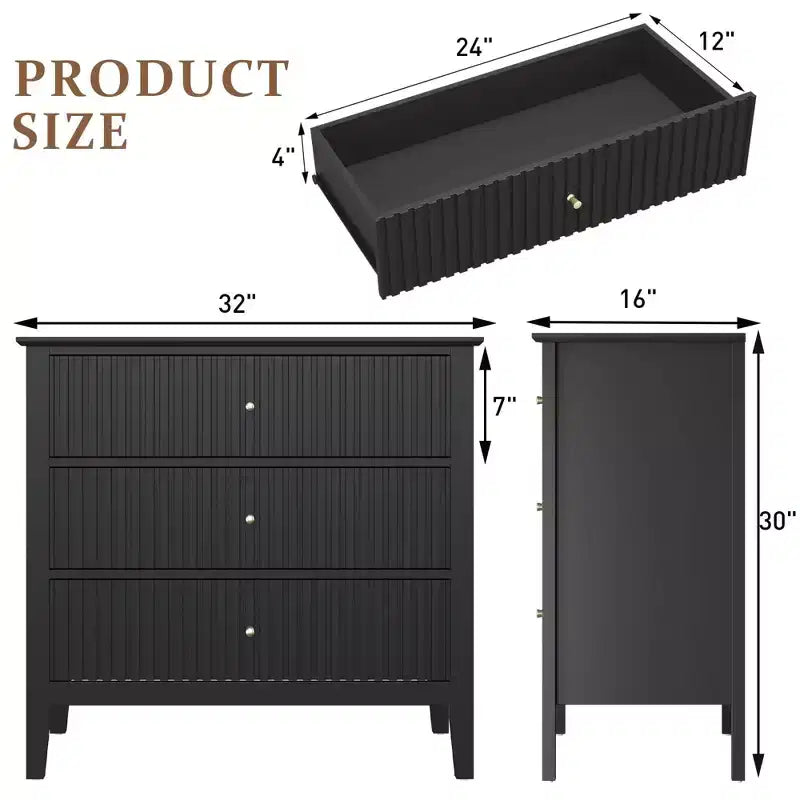 Commode cannelée à 3 tiroirs avec glissières à roulement à billes, table de chevet moderne