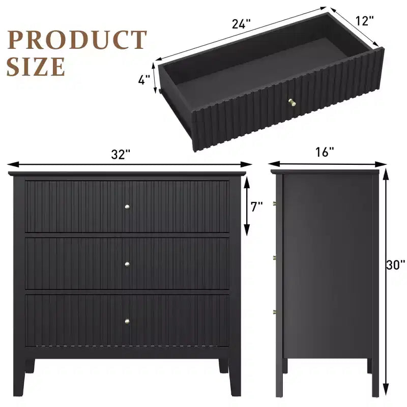 Commode cannelée à 3 tiroirs avec glissières à roulement à billes, table de chevet moderne