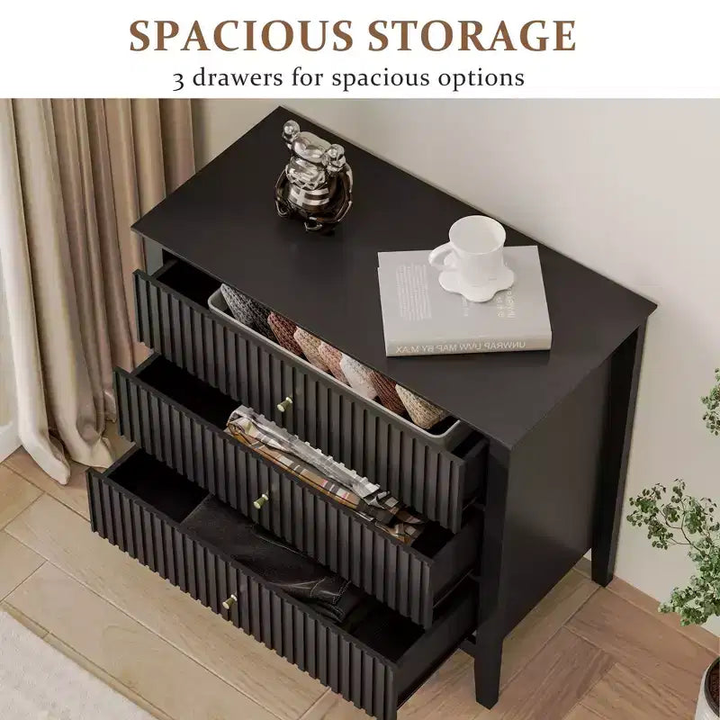 Commode cannelée à 3 tiroirs avec glissières à roulement à billes, table de chevet moderne