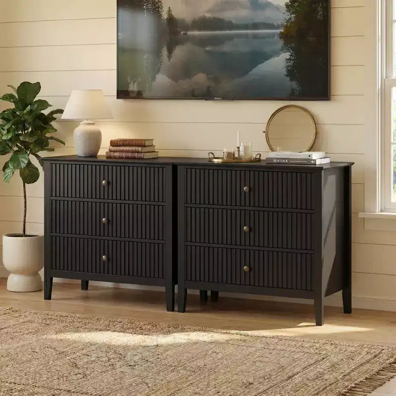 Commode cannelée à 3 tiroirs avec glissières à roulement à billes, table de chevet moderne