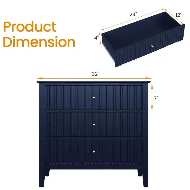 Commode cannelée à 3 tiroirs avec glissières à roulement à billes, table de chevet moderne