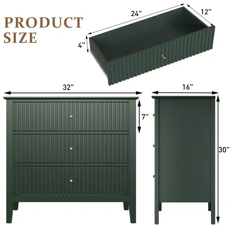 Commode cannelée à 3 tiroirs avec glissières à roulement à billes, table de chevet moderne