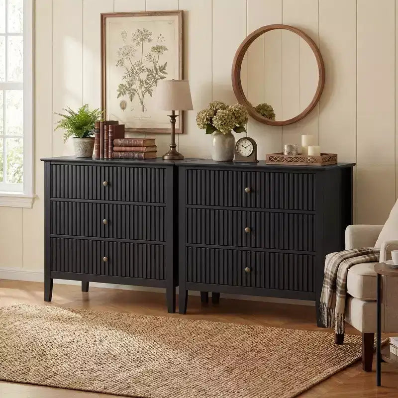 Commode cannelée à 3 tiroirs avec glissières à roulement à billes, table de chevet moderne