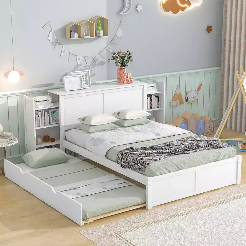 Whisen Storage Platform Bed with Pull Out Shelves and Twin Size Trundle - White