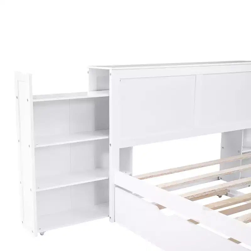 Lit plateforme de rangement avec étagères coulissantes et lit gigogne simple blanc
