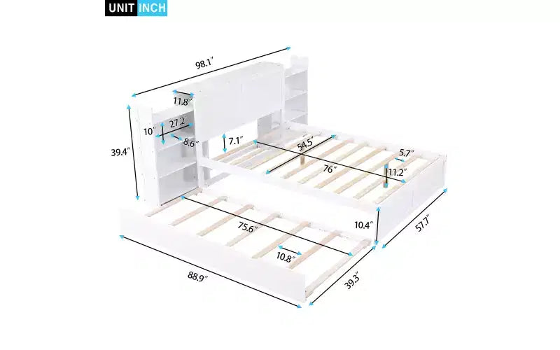 Lit plateforme de rangement avec étagères coulissantes et lit gigogne simple blanc