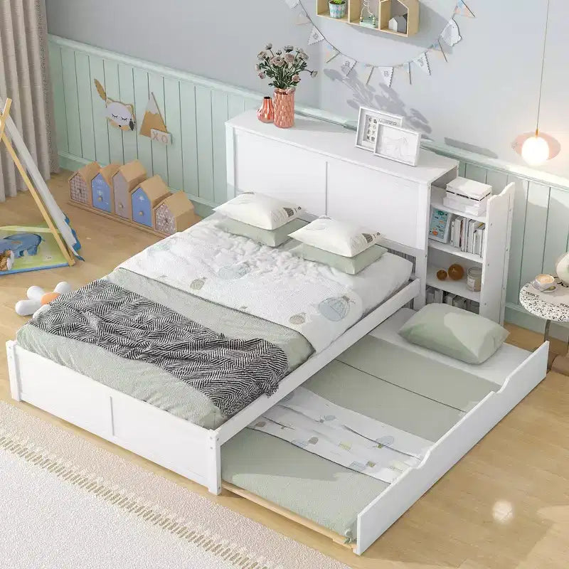Lit plateforme de rangement avec étagères coulissantes et lit gigogne simple blanc