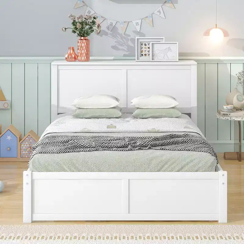 Lit plateforme de rangement avec étagères coulissantes et lit gigogne simple blanc