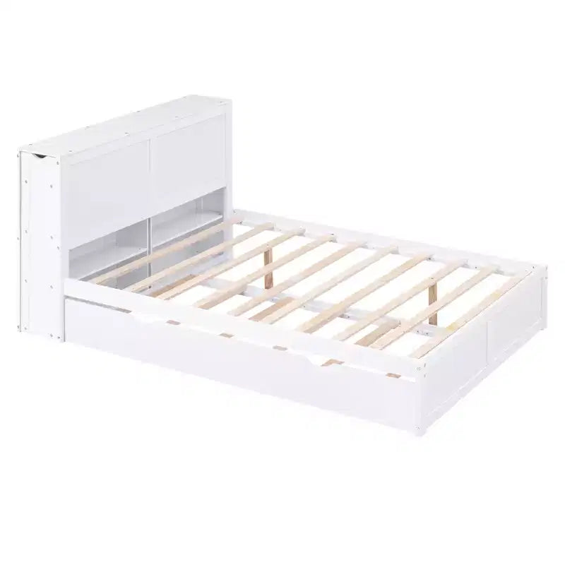 Lit plateforme de rangement avec étagères coulissantes et lit gigogne simple blanc