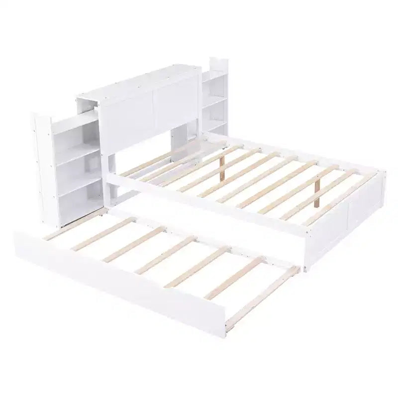 Lit plateforme de rangement avec étagères coulissantes et lit gigogne simple blanc