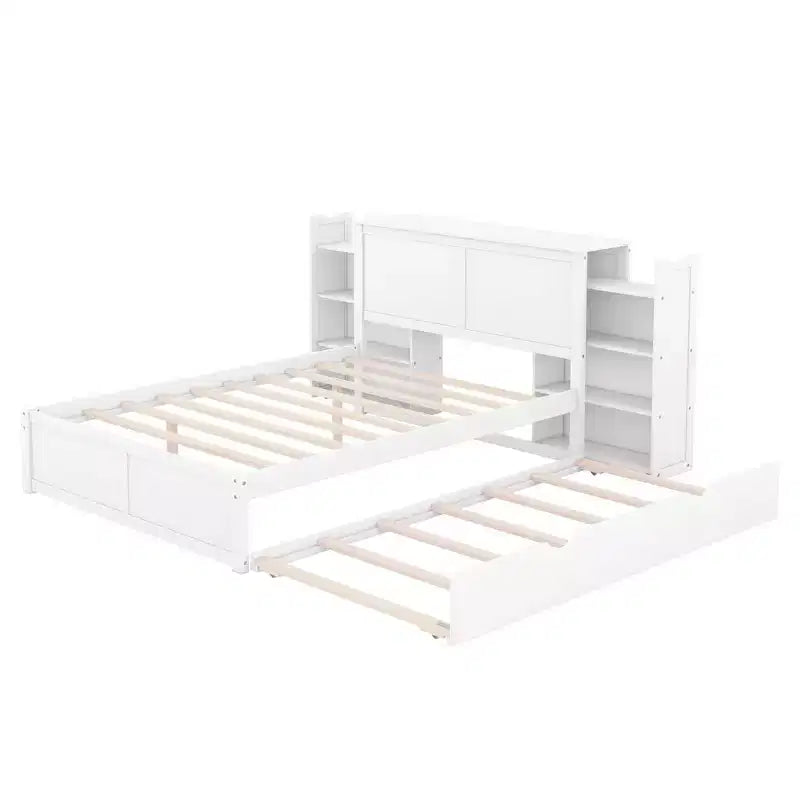 Lit plateforme de rangement avec étagères coulissantes et lit gigogne simple blanc