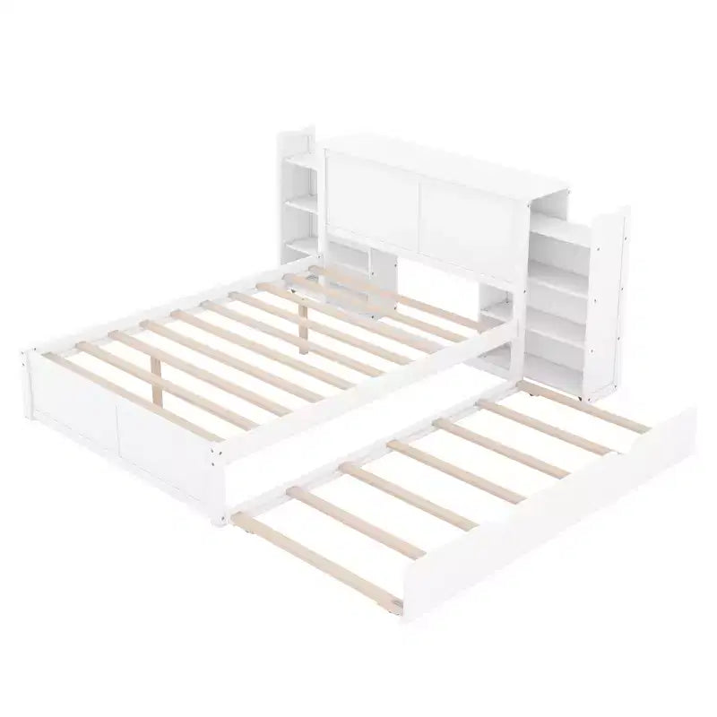 Lit plateforme de rangement avec étagères coulissantes et lit gigogne simple blanc