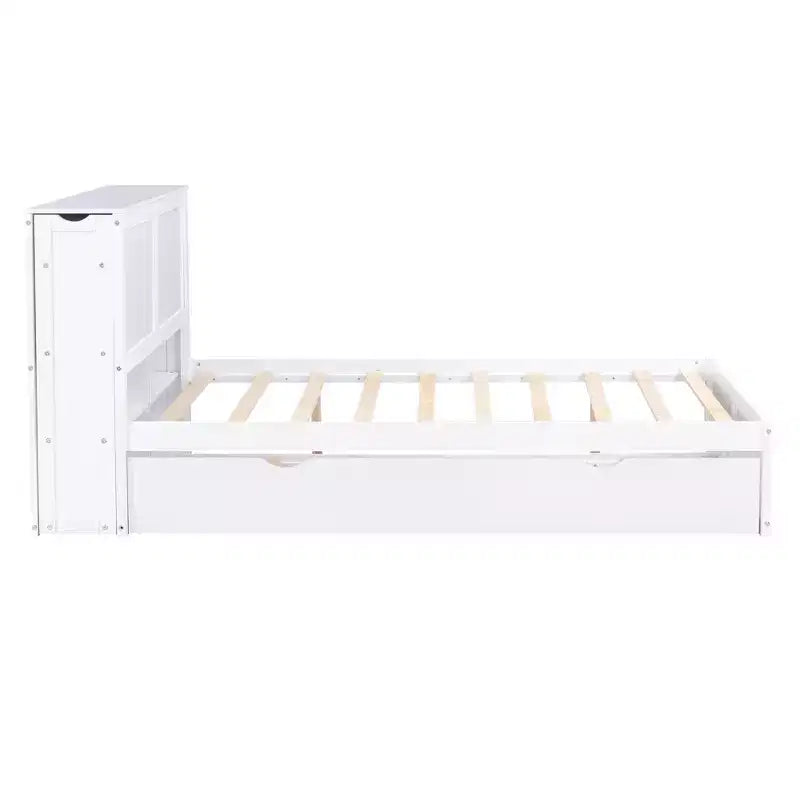 Lit plateforme de rangement avec étagères coulissantes et lit gigogne simple blanc