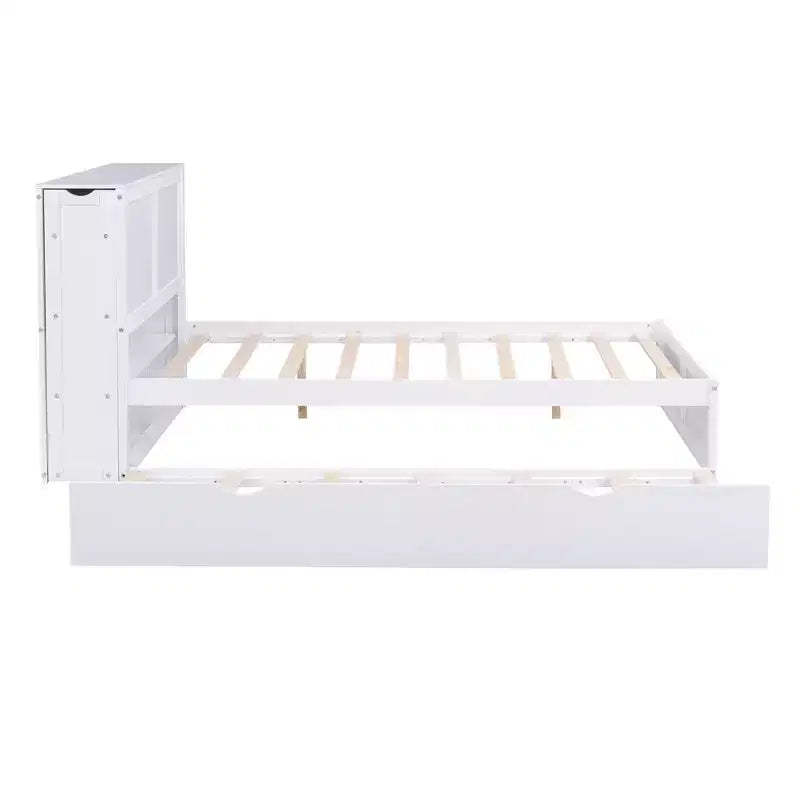 Lit plateforme de rangement avec étagères coulissantes et lit gigogne simple blanc