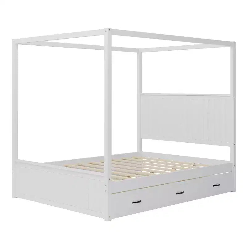 Lit plateforme à baldaquin Queen Size 4 poteaux avec lit gigogne et 3 tiroirs