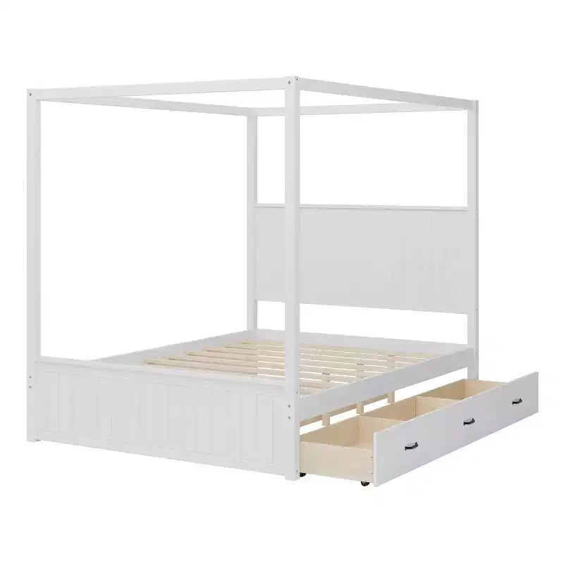 Lit plateforme à baldaquin Queen Size 4 poteaux avec lit gigogne et 3 tiroirs