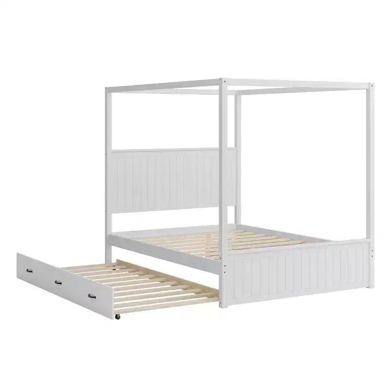 Lit plateforme à baldaquin Queen Size 4 poteaux avec lit gigogne et 3 tiroirs