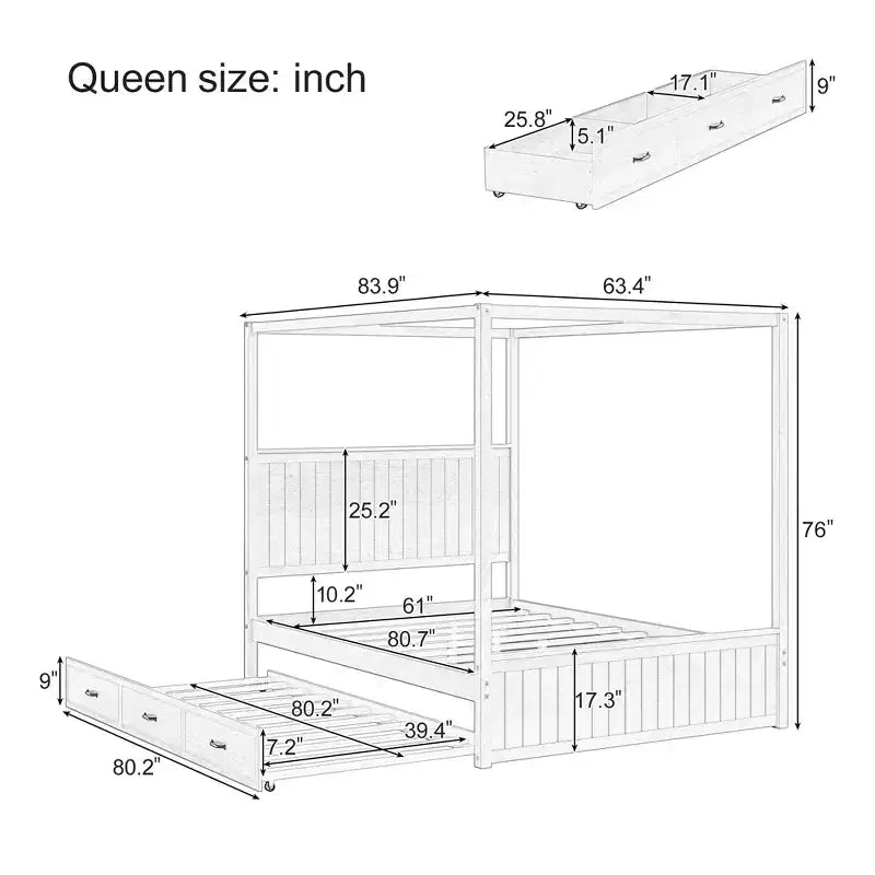 Lit plateforme à baldaquin Queen Size 4 poteaux avec lit gigogne et 3 tiroirs