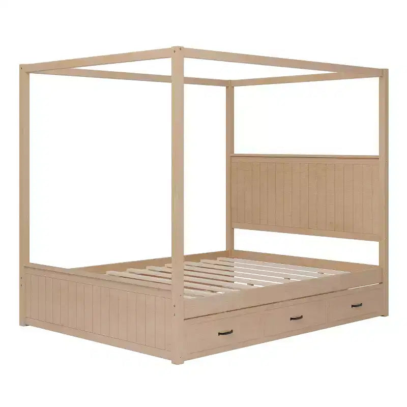 Lit plateforme à baldaquin Queen Size 4 poteaux avec lit gigogne et 3 tiroirs