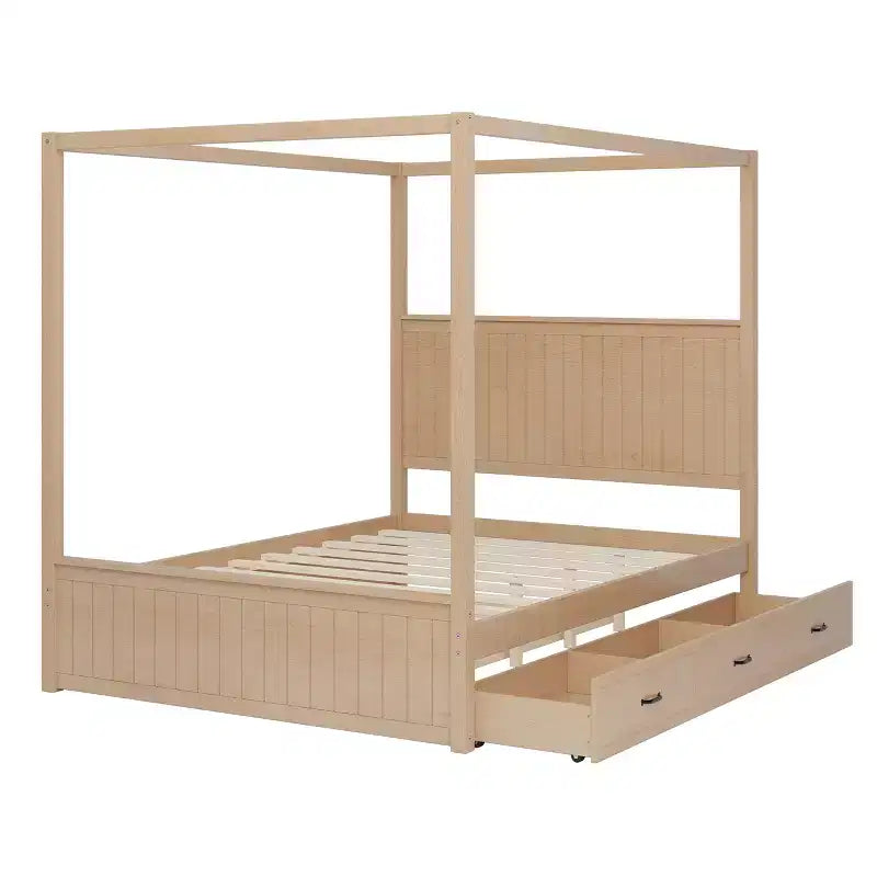 Lit plateforme à baldaquin Queen Size 4 poteaux avec lit gigogne et 3 tiroirs