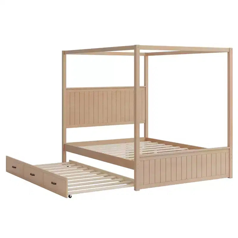 Lit plateforme à baldaquin Queen Size 4 poteaux avec lit gigogne et 3 tiroirs