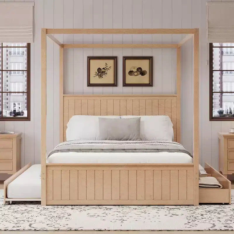 Queen Size 4 Poster Canopy Platform Bed with Trundle and 3 Drawers, Solid Wood Bed Frame with Headboard, No Box Spring Needed - ModernLuxe