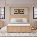 Queen Size 4 Poster Canopy Platform Bed with Trundle and 3 Drawers, Solid Wood Bed Frame with Headboard, No Box Spring Needed - ModernLuxe