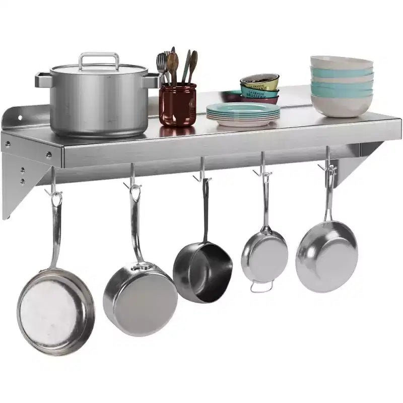 Stainless Steel Shelf, Multi-Purpose Metal Wall Mounted Shelf with 2 Stainless Steel Backplates and 7 Hooks, Kitchen, Warehouse