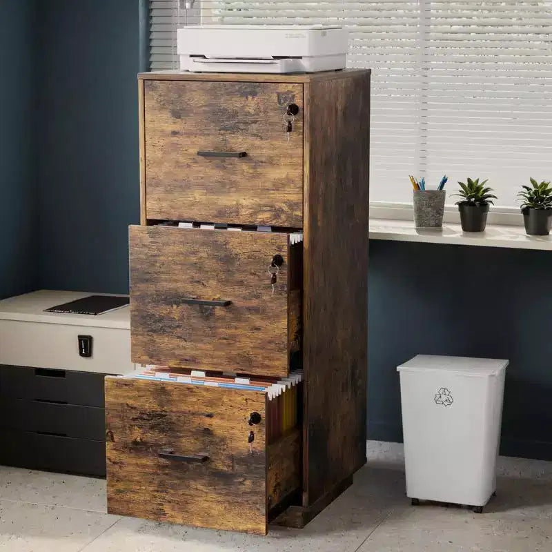 Classeur vertical 3 tiroirs en MDF marron de 39 cm de large