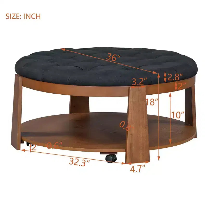 Table basse pouf ronde large à 2 niveaux capitonnée