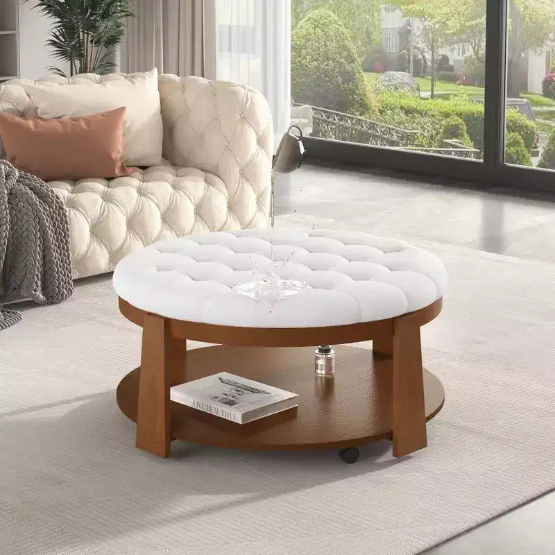 Table basse pouf ronde large à 2 niveaux capitonnée