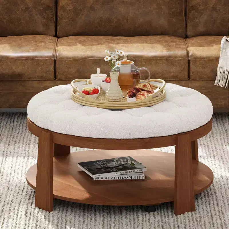 Table basse pouf ronde large à 2 niveaux capitonnée
