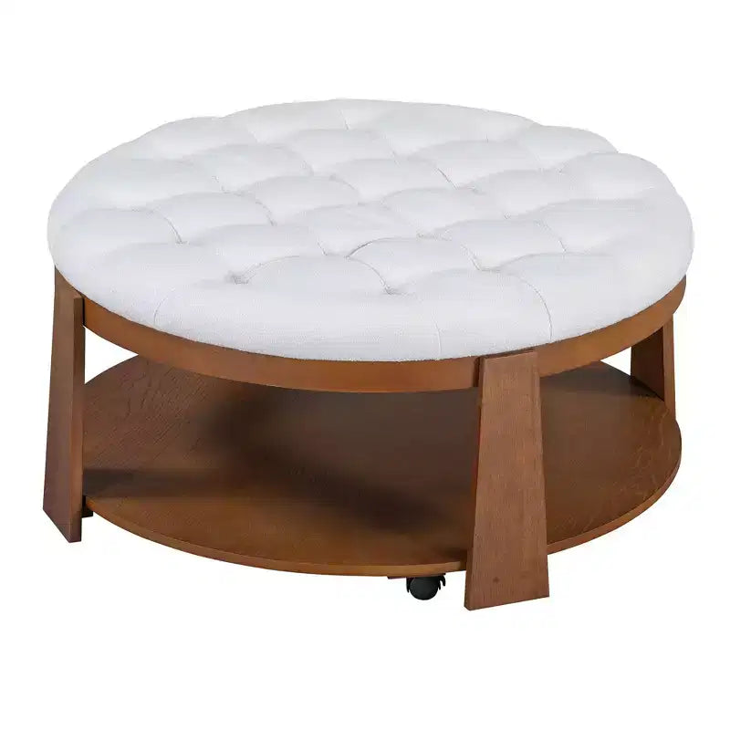 Table basse pouf ronde large à 2 niveaux capitonnée