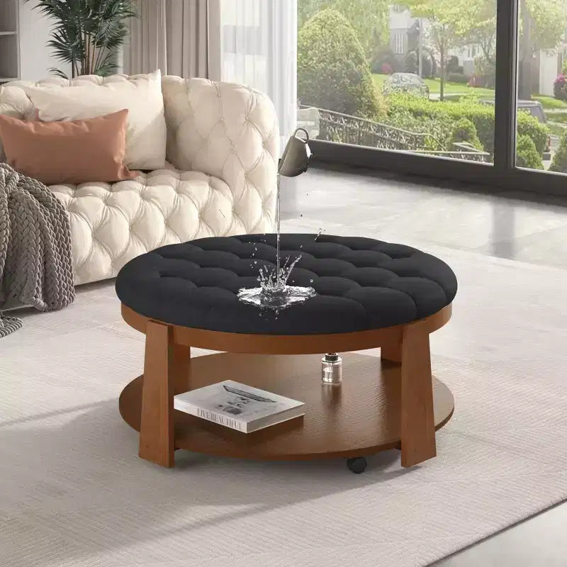 Table basse pouf ronde large à 2 niveaux capitonnée