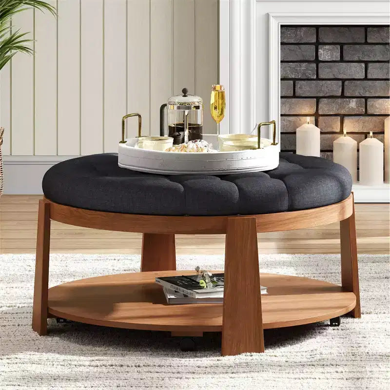 Table basse pouf ronde large à 2 niveaux capitonnée