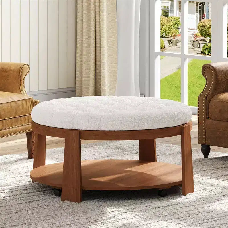 Table basse pouf ronde large à 2 niveaux capitonnée