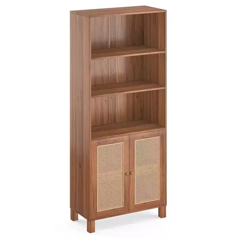Bibliothèque à 5 étagères avec portes en rotin, grande étagère de présentation blanche