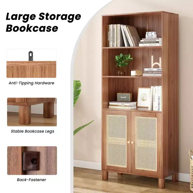Bibliothèque à 5 étagères avec portes en rotin, grande étagère de présentation blanche