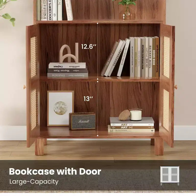 Bibliothèque à 5 étagères avec portes en rotin, grande étagère de présentation blanche