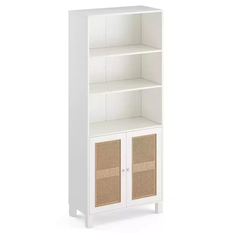 Bibliothèque à 5 étagères avec portes en rotin, grande étagère de présentation blanche