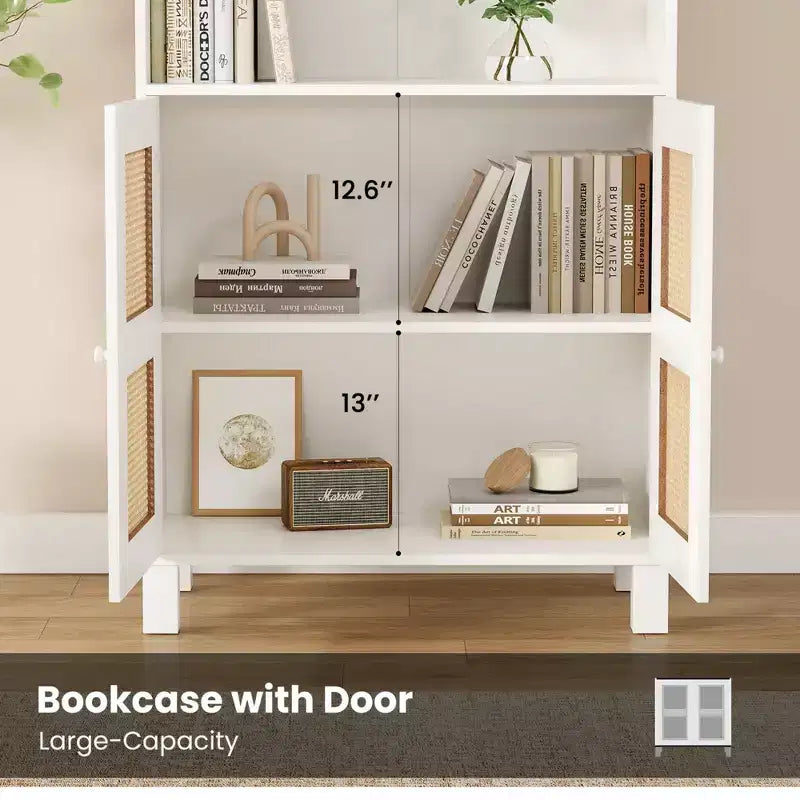 Bibliothèque à 5 étagères avec portes en rotin, grande étagère de présentation blanche
