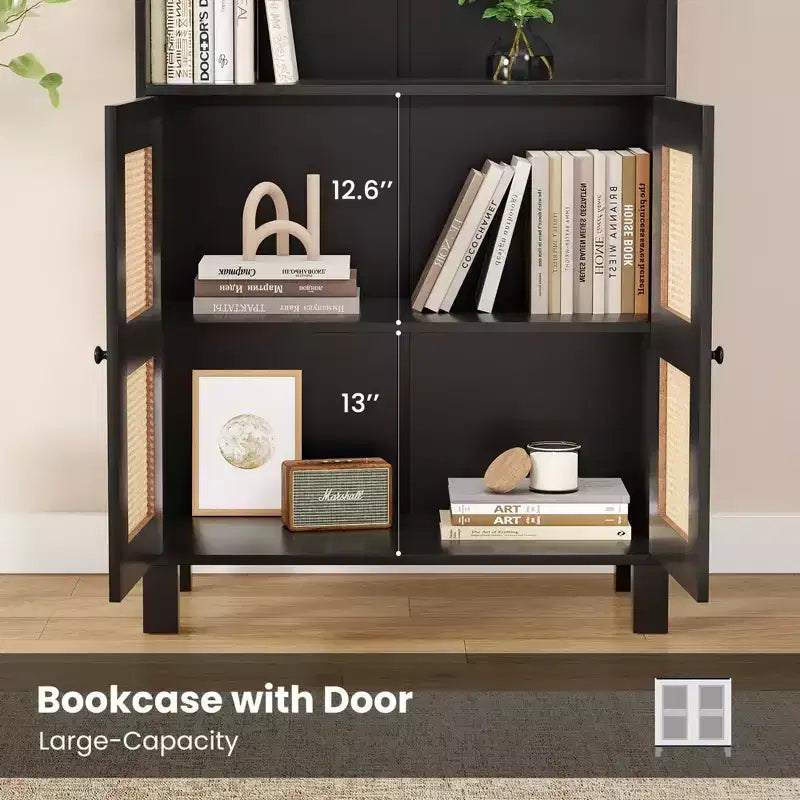 Bibliothèque à 5 étagères avec portes en rotin, grande étagère de présentation blanche