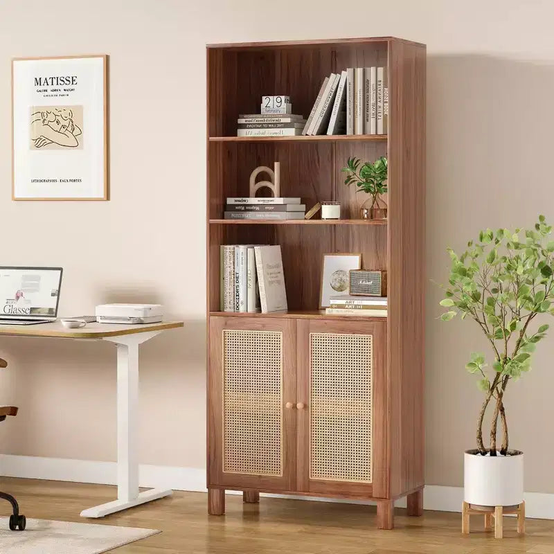 Bibliothèque à 5 étagères avec portes en rotin, grande étagère de présentation blanche