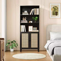 5 Shelf Bookshelf with Rattan Doors White Tall Bookcase Display Shelves for Home Office Bedroom